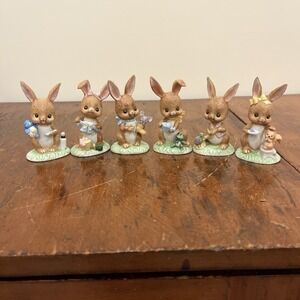 Vtg 6 1980's Lefton Boy and Girl Bunnies Bunny Easter Eggs Figurines #05444
